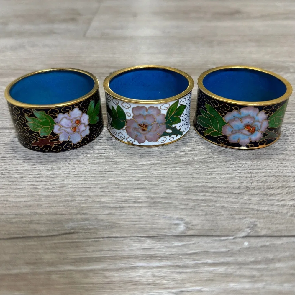 Vintage Cloisonne Enamel Napkin Rings Set of 3 Floral Black White Gold Tone
